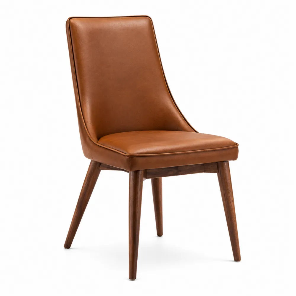Chaise en similicuir marron avec pieds en bois de hêtre