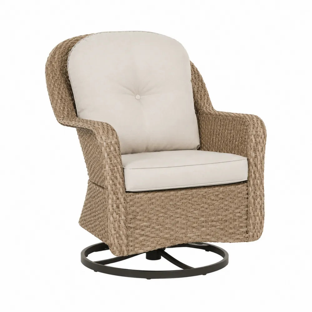 Fauteuil pivotant en résine tressée beige et coussin en polyester