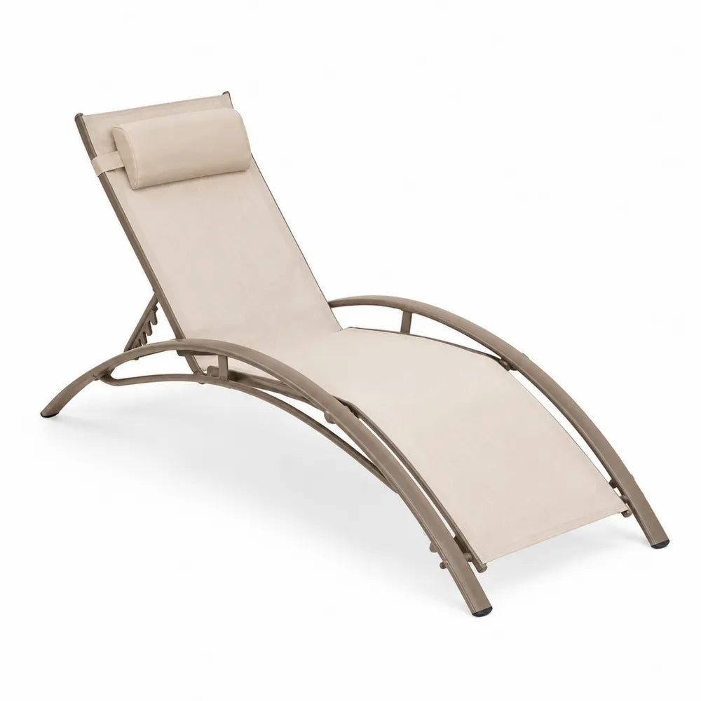 Chaise longue de jardin en aluminium et tissu beige avec coussin