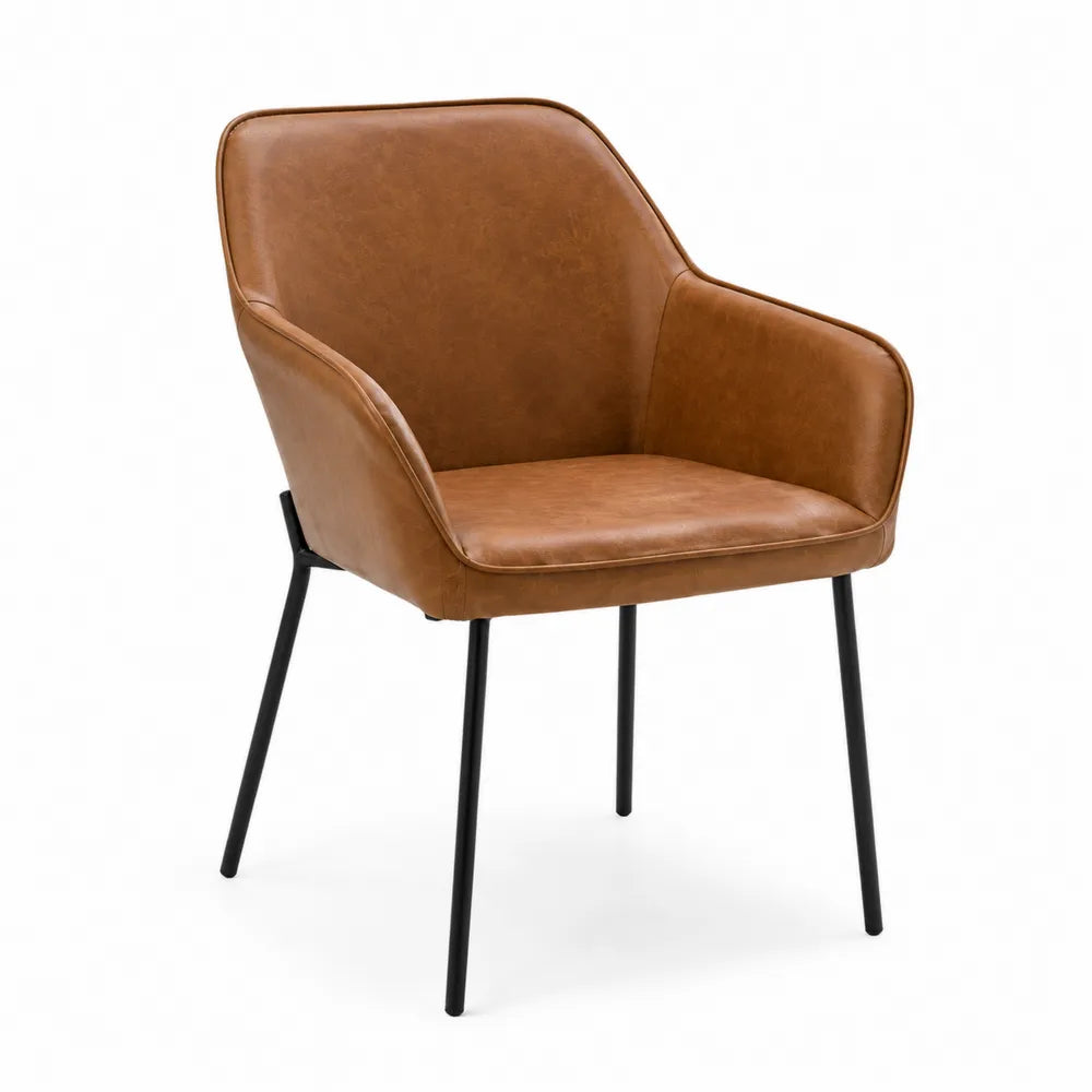 Chaise en cuir synthétique marron avec pieds en métal noir, 55x60x85 cm