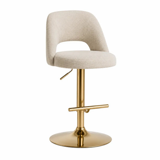 Tabouret de bar en tissu polyester beige et métal doré réglable