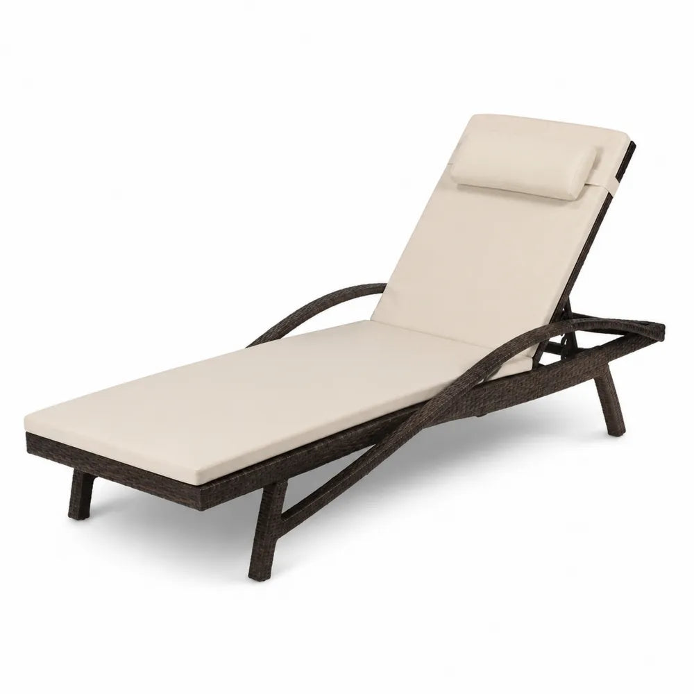 Chaise longue en rotin avec coussin beige réglable extérieur