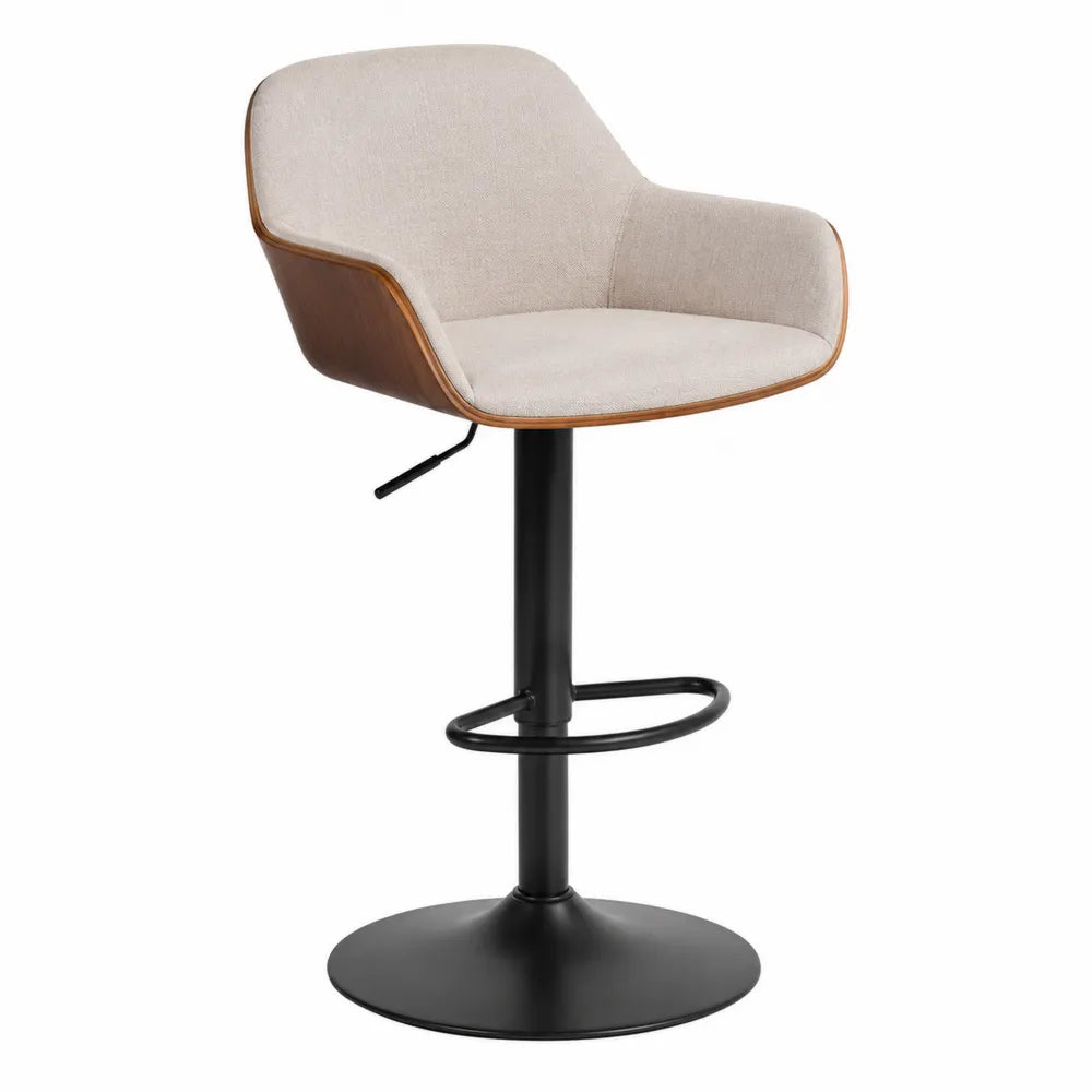 Tabouret de bar en tissu polyester beige, structure bois et acier, hauteur ajustable