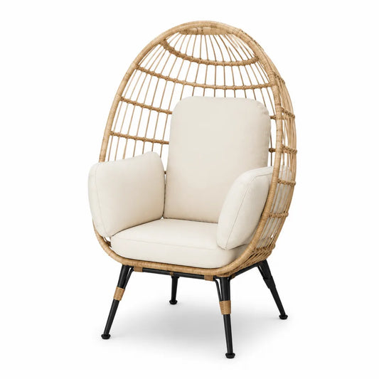 Fauteuil en rotin beige avec structure en acier et coussins polyester
