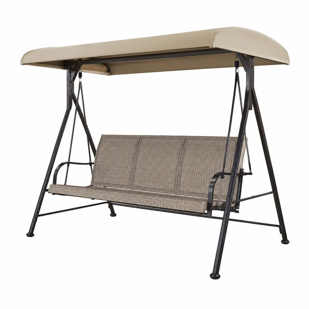 Balancelle de jardin 3 places en acier et rotin beige avec auvent polyester