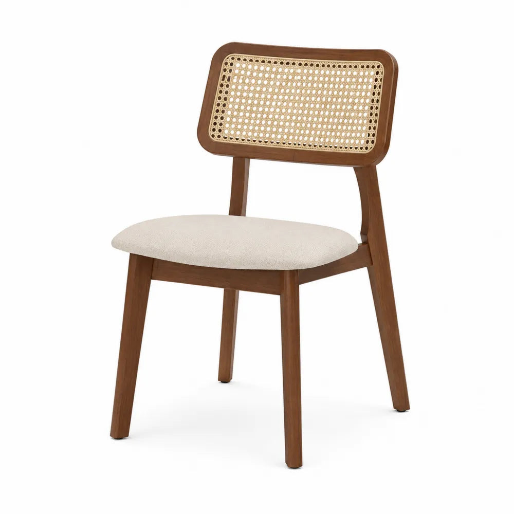 Chaise en bois avec dossier en rotin et assise en tissu, marron/beige
