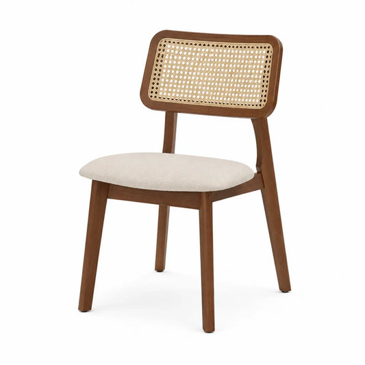 Chaise en bois avec dossier en rotin et assise en tissu, marron/beige