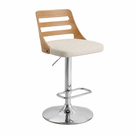 Tabouret de bar en bois et métal chromé avec siège en tissu beige