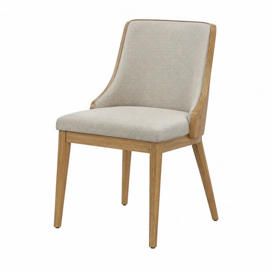 Chaise en tissu polyester beige avec structure en chêne