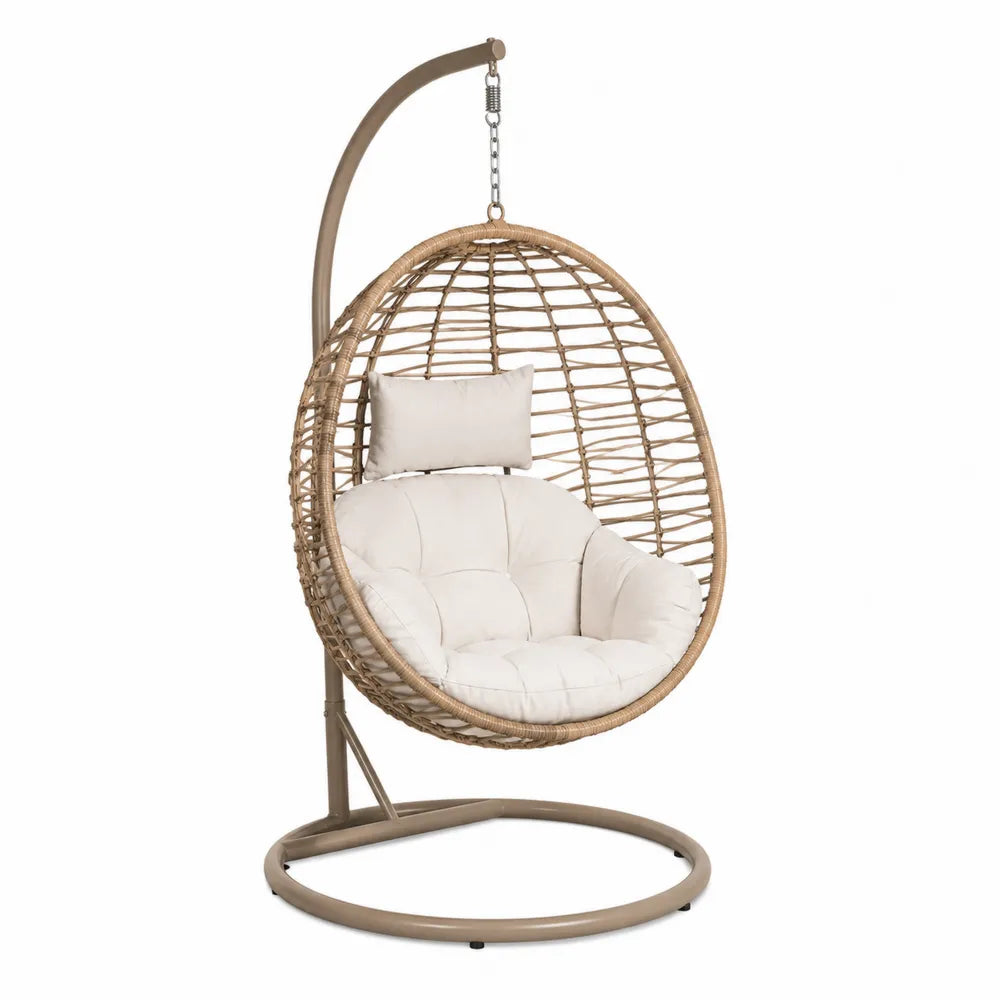 Chaise suspendue en rotin avec coussin en polyester et support en acier