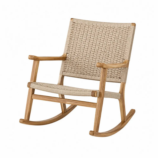 Chaise à bascule en bois de teck et corde beige