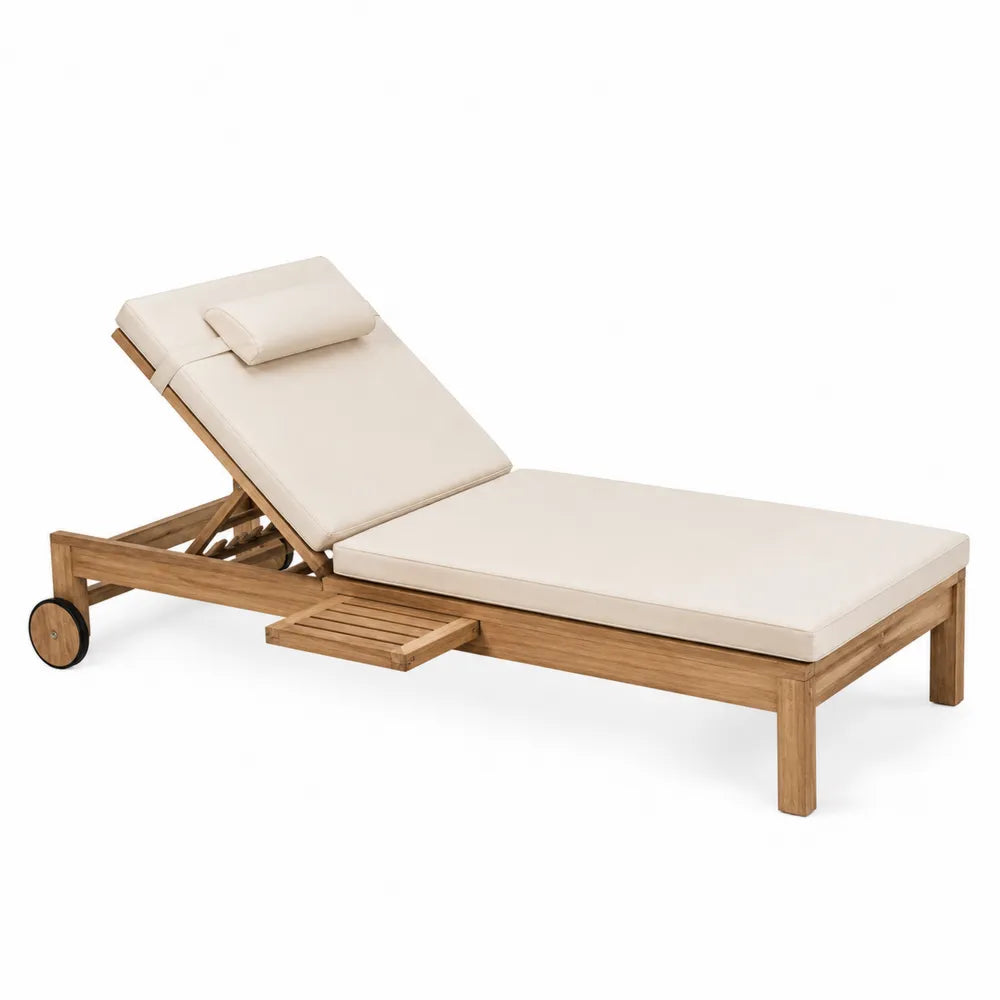 Chaise longue d'extérieur en teck avec coussin beige