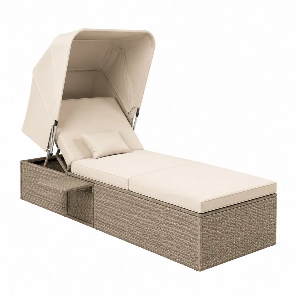 Chaise longue extérieure réglable avec auvent en rotin synthétique beige