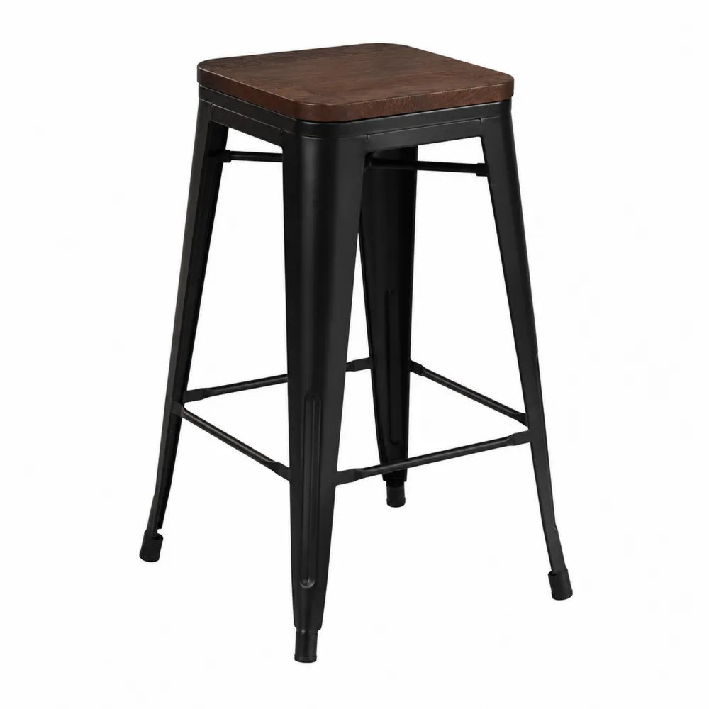 Tabouret de bar en métal noir avec siège en bois d'acacia 76 cm