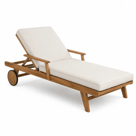 Chaise longue en teck avec coussin réglable blanc