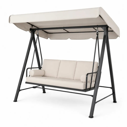 Balancelle en acier pour 3 personnes avec coussins en polyester beige