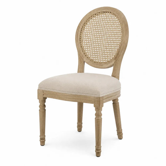 Chaise en bois avec dossier en rotin et assise en lin beige